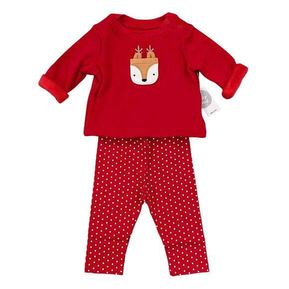 NWT GAP Baby Red W/Cozy Pocket Deer Applique Top & Red Dot Leggings - SIZE 3-6M - Picture 1 of 11
